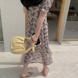 MIDI Mauve Wrap Dress Women's Tight Waist Purple Printed Long Dress