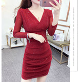 Long Sleeve Burgundy Dress Formal Autumn Sexy V-neck Slim-Fit Long Sleeve Dress for Women