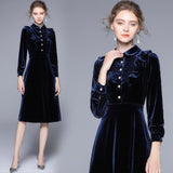 Blue Velvet Dress Velvet Long Sleeves Waist Dress