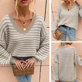 Women Pullover Knit Sweater Autumn and Winter V-neck Sweater Head Striped Sweater for Women