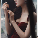 Long Sleeve Burgundy Dress Formal Vintage Burgundy Velvet Slim Fit Camisole Gown Dress