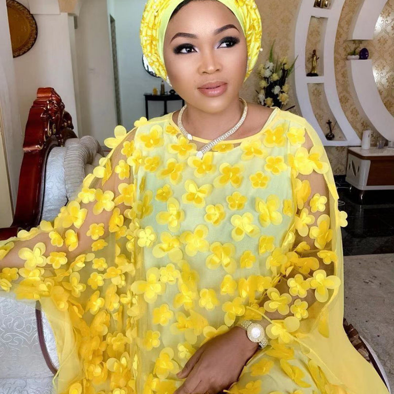 African Dashiki Dress Women's Dress Embroidered Flowers Mesh round Neck Loose