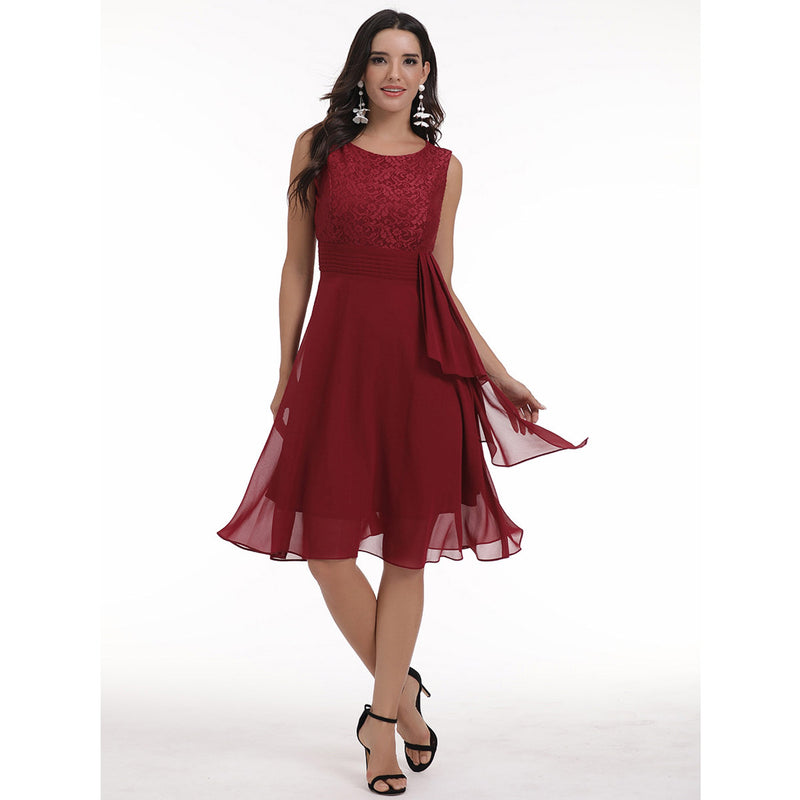 Burgundy Dress Formal Spring/Summer Chiffon Dress Sexy Lace Stitching Formal Dress