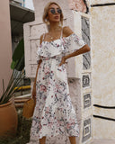 Nine Britton Dress Waist Trimming Printing off-the-Shoulder Sling