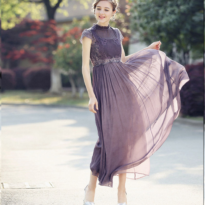 Mauve Dress Bridesmaid Short Sleeve Lace Long Dress Solid Color Chiffon Dress