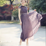 Mauve Dress Bridesmaid Short Sleeve Lace Long Dress Solid Color Chiffon Dress