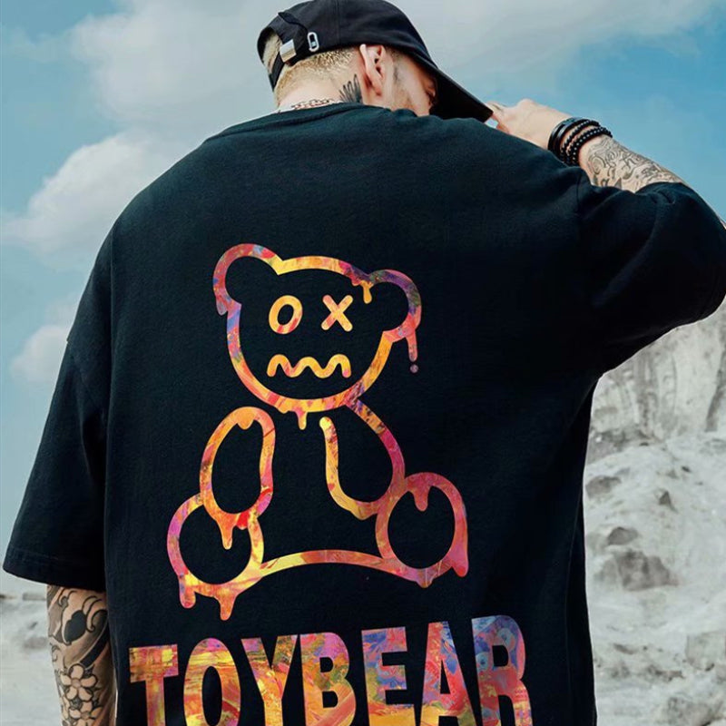 Men T-Shirts Bear Print Loose Half Sleeve