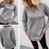 Women Pullover Knit Sweater Women's Autumn and Winter Sweater Women's round Neck Button Pure Color Split Knitwear