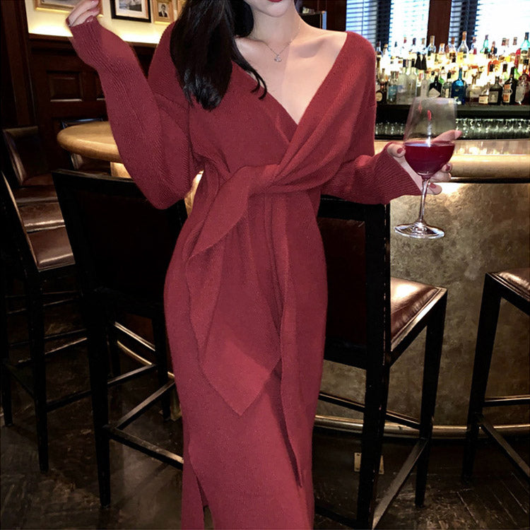 MIDI Mauve Cocktail Dress Autumn and Winter Slim-Fit Long-Sleeved Mid-Length Red Knitted Dress for Women