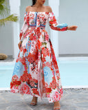 Long Homecoming Dresses Printed V-neck Pullover Retro Long Sleeve Big Hem Split Dress