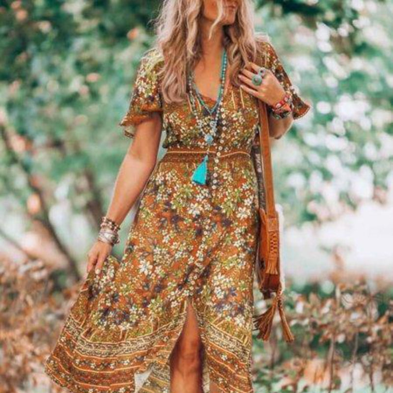 Gypsy Style Dresses V-neck Printed Large Size Beach Slit Elastic