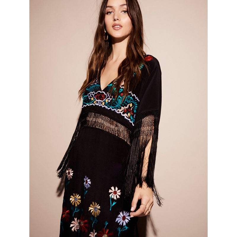 Beth Dutton Bohemian Dress Winter Autumn Maxi Dresses Embroidered V-neck See-through Tassel Maxi Dress