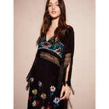 Beth Dutton Bohemian Dress Winter Autumn Maxi Dresses Embroidered V-neck See-through Tassel Maxi Dress