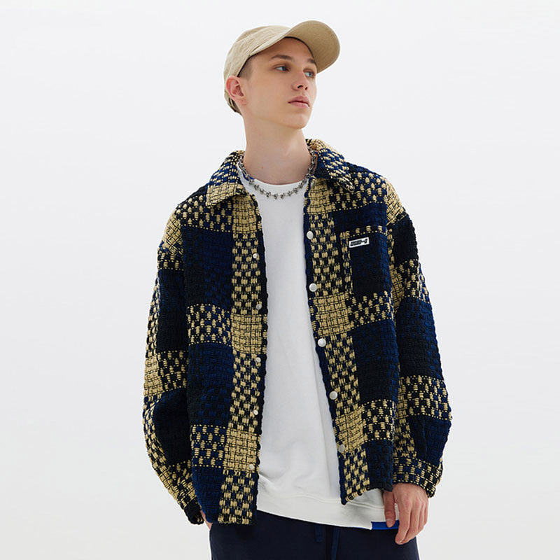 Man Fall Outfits Plaid Stitching Polo Collar Jacket Men's and Women's Casual Jacket