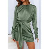 Taffeta Dress Satin Dress Long Sleeve Elastic Lace-up Waist Elegant Formal Dress