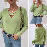 Women Pullover Knit Sweater Autumn and Winter Chest Front Cross Straps Hollow Sweater Sexy Sweater for Women