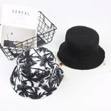 Bucket Hat Fishing Cap Cotton Print Fisherman Hat Black and White Simple Coconut Tree Casual Sun-Proof Sunshade