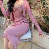 MIDI Mauve Cocktail Dress Fall Pink V-neck Ribbon Spaghetti Straps Knitted Dress