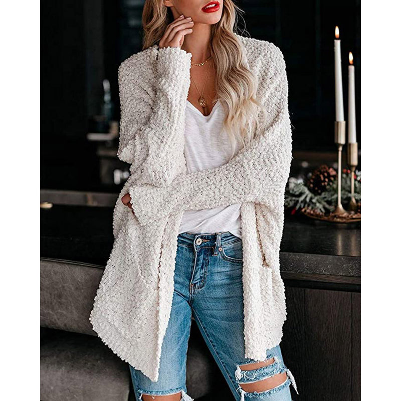 Women Cardigan Knit Sweater Autumn and Winter Loose Pocket Cardigan Sweater