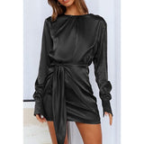 Taffeta Dress Satin Dress Long Sleeve Elastic Lace-up Waist Elegant Formal Dress