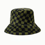 Vintage Check Bucket Hat Plush Warm Hat Imitation Rabbit Fur
