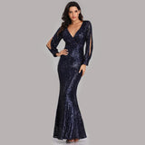 Long Homecoming Dresses Autumn and Winter Dress Multi-Color plus Size Long Sleeve V-neck Sequins