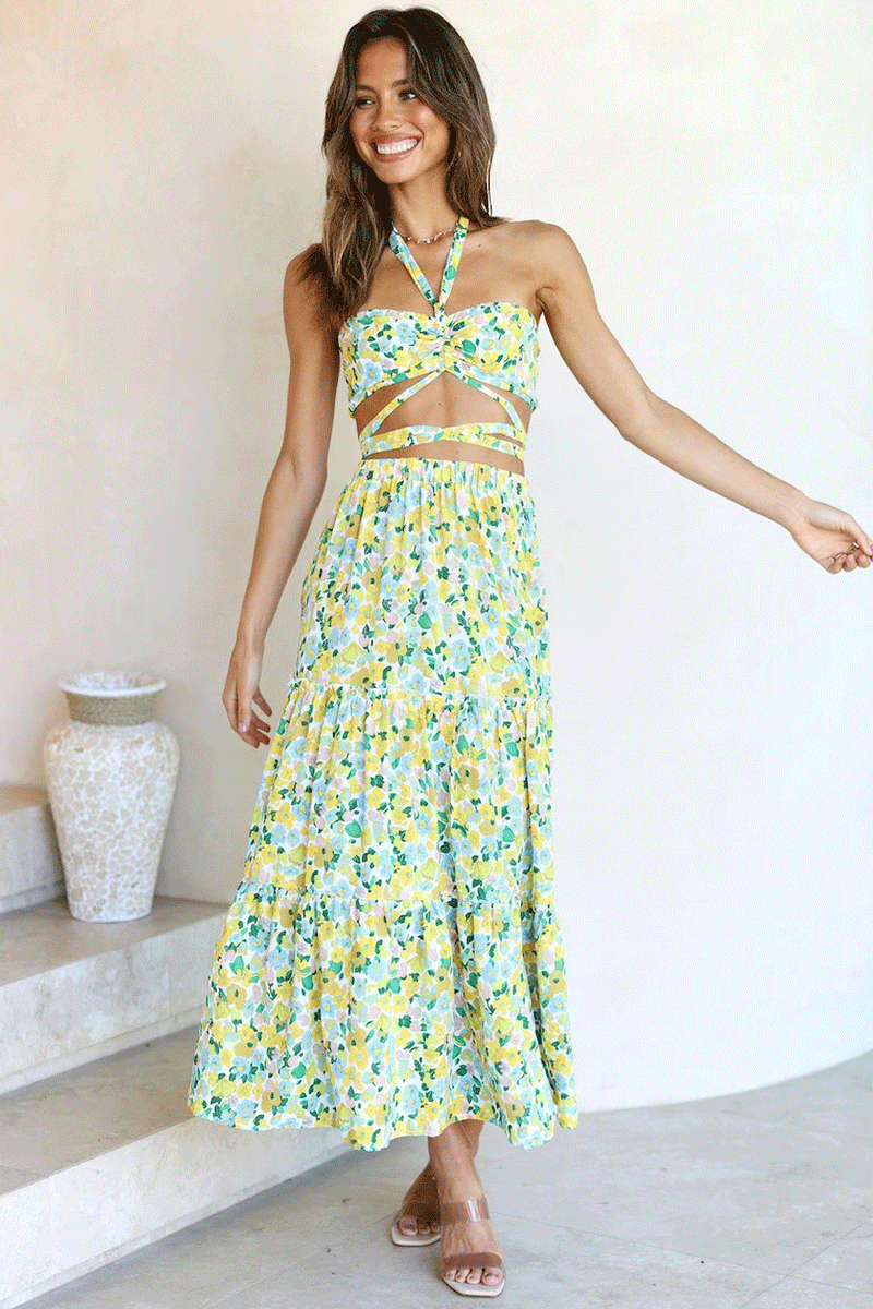Gypsy Girl Outfits Printed Dress Casual Halter Suit
