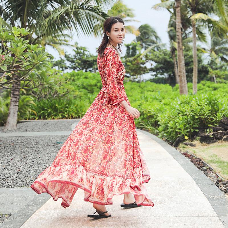 Gypsy Style Dresses V-neck Oversized Skirt Holiday Floral Print