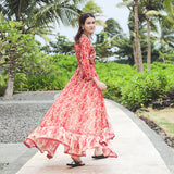 Gypsy Style Dresses V-neck Oversized Skirt Holiday Floral Print