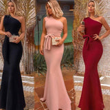 Burgundy Evening Dresses for Weddings Women's Sleeveless One-Shoulder Dress Slim Fit Long Dress