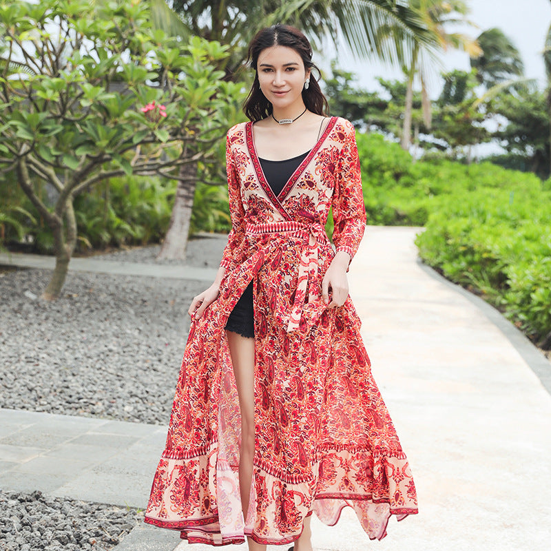 Gypsy Style Dresses V-neck Oversized Skirt Holiday Floral Print