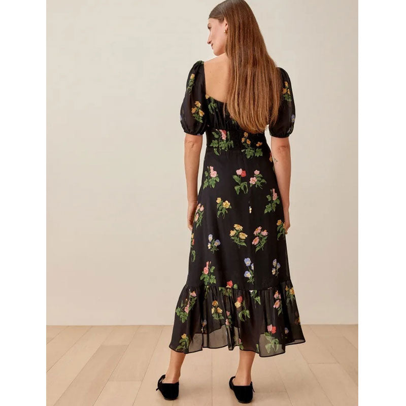 Kendall Jenner Wedding Guest Dress Square Collar Puff Short Sleeve Mid-Length Sexy Slit Printing