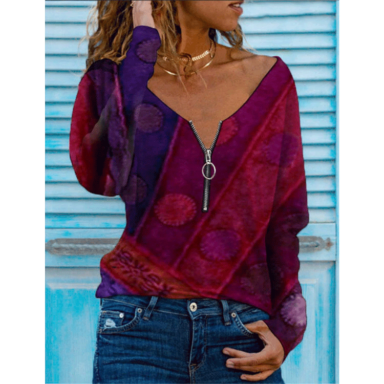 Romanian Gypsy Outfits Long-Sleeve Zipper T-shirt Women's Bottoming Shirt