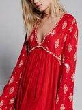 Beth Dutton Bohemian Dress Winter Autumn Maxi Dresses Embroidered V-neck Flare Sleeve Shirt Dress Short