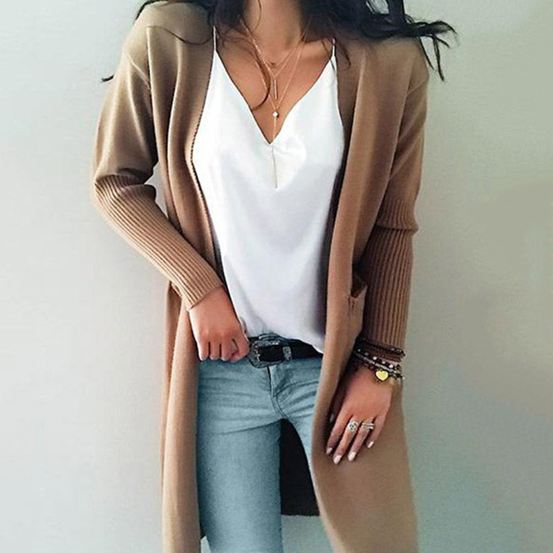 Women's Cardigan Knit Sweater Autumn and Winter Sweater Double Pocket Mid-Length Knitted Cardigan Sweater for Women