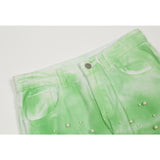 Man Fall Outfits Loose Straight Pearl Tie-Dyed Ripped Fashion Brand Wide-Leg Pants Tide