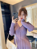 MIDI Mauve Cocktail Dress Autumn and Winter Vintage V-neck Pleated Sleeve Waist Slimming Dress Knitted