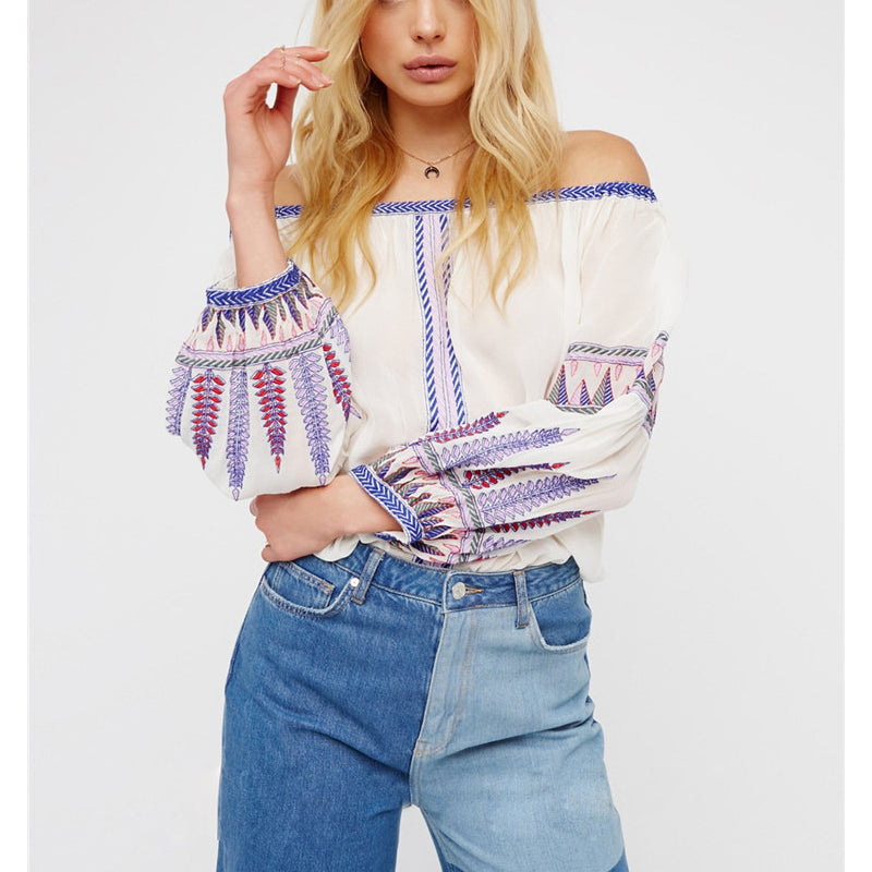 Beth Dutton Bohemian Dress Summer Spring Midi Dress Independent Station Ebay2018 Summer Foreign Trade European and American Bohemian Word Collar Machine Embroidery Blouse