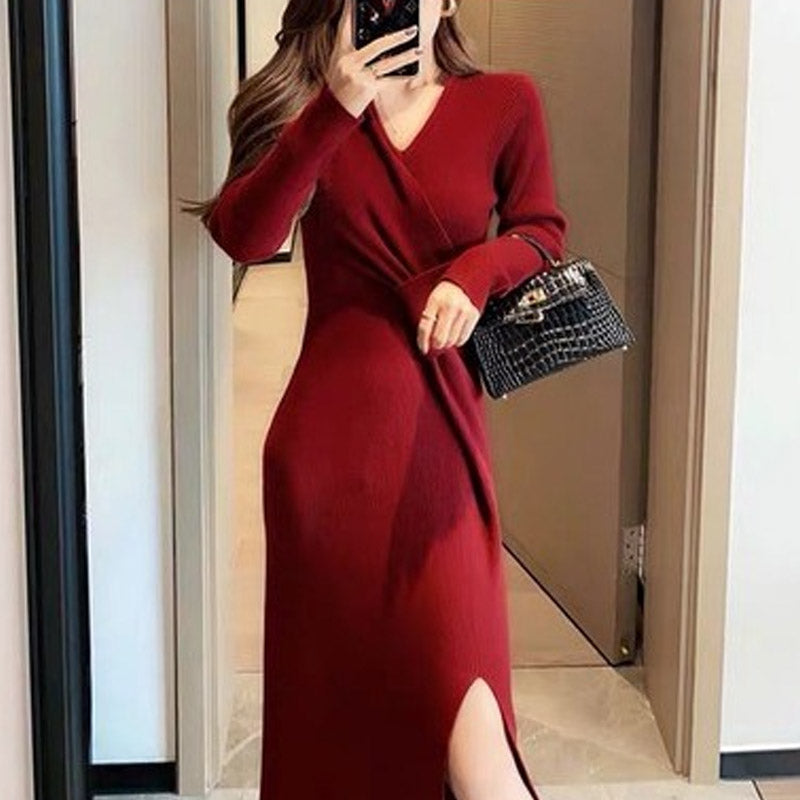 Long Sleeve Burgundy Dress Formal Woolen Skirt Long Dress Inner Sweater Women's Autumn and Winter Dress