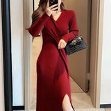 Long Sleeve Burgundy Dress Formal Woolen Skirt Long Dress Inner Sweater Women's Autumn and Winter Dress