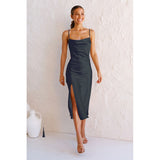 Taffeta Dress Glossy Stretch Satin Slit Maxi Dress