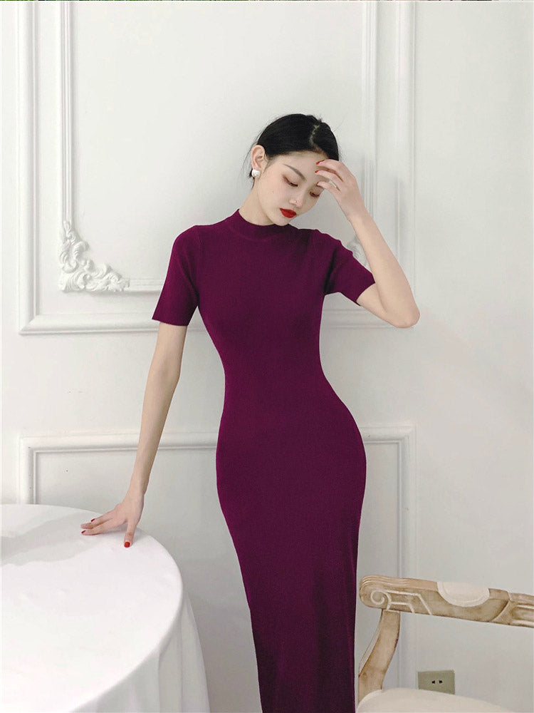 MIDI Mauve Cocktail Dress Retro Slim round Neck Black Knitted Dress Women's Dress