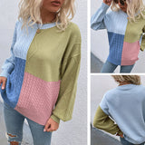 Women Pullover Knit Sweater Contrast Color Sweater Female Autumn and Winter Lantern Sleeve Sweater