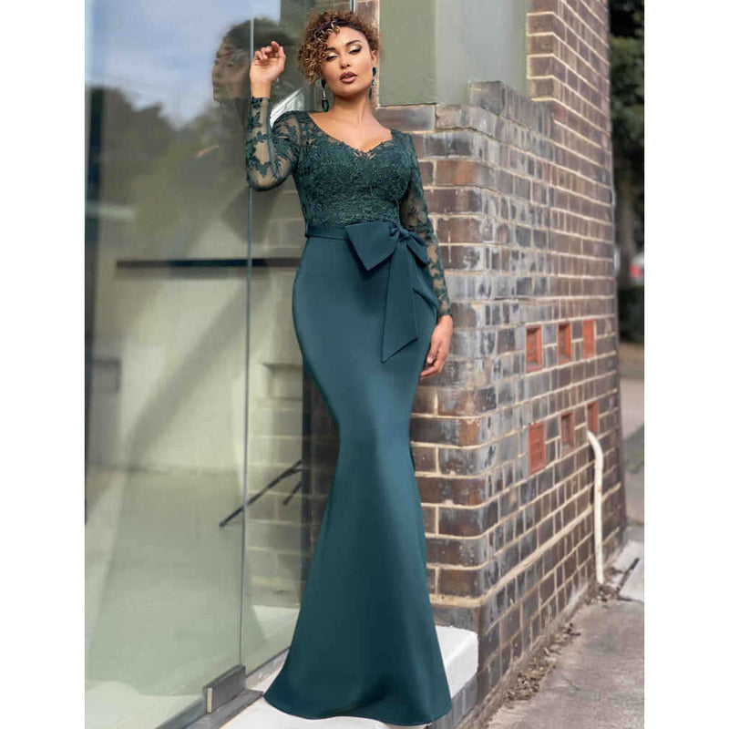 Burgundy Evening Dresses for Weddings Autumn and Winter Lace Long Sleeve Slim-Fit Sheath Dress