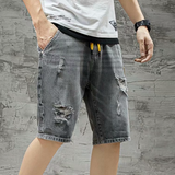 Men Denim Shorts Summer Denim Shorts Men's Ripped Elastic Waist Loose
