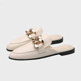 Finn Chain Pointed Toe Mule Spring and Autumn Closed Toe Metal Chain Muller Half Slippers Women's Outer Wear Soft