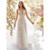 Long Homecoming Dresses Sexy V-neck Sleeveless Lace Wedding Dress