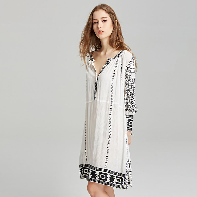 Beth Dutton Bohemian Dress Spring/Summer Embroidered V-neck Loose Dress