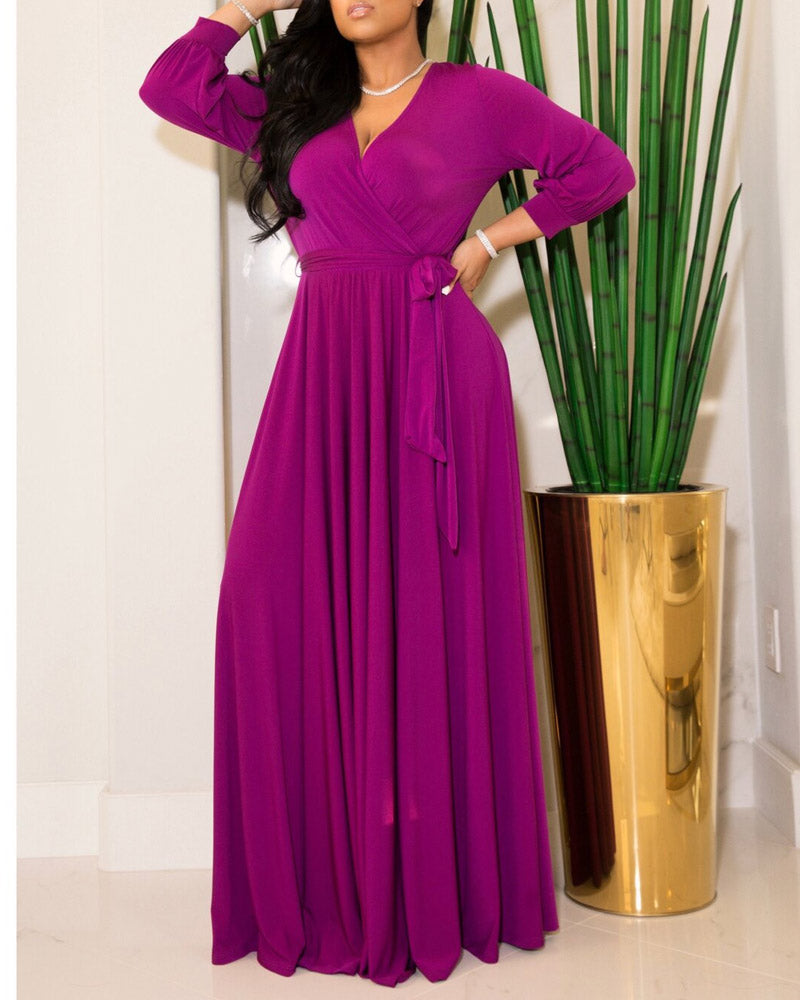 MIDI Mauve Cocktail Dress Women's Clothing Elegant Mid-Waist Lace-up Solid Color Wide Hem Dress