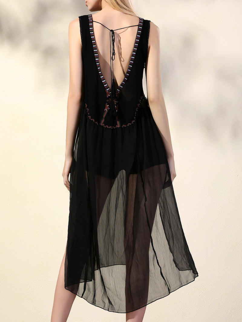 Beth Dutton Bohemian Dress Summer Spring Midi Dress Embroidery Beads Sexy V-Shaped Backless